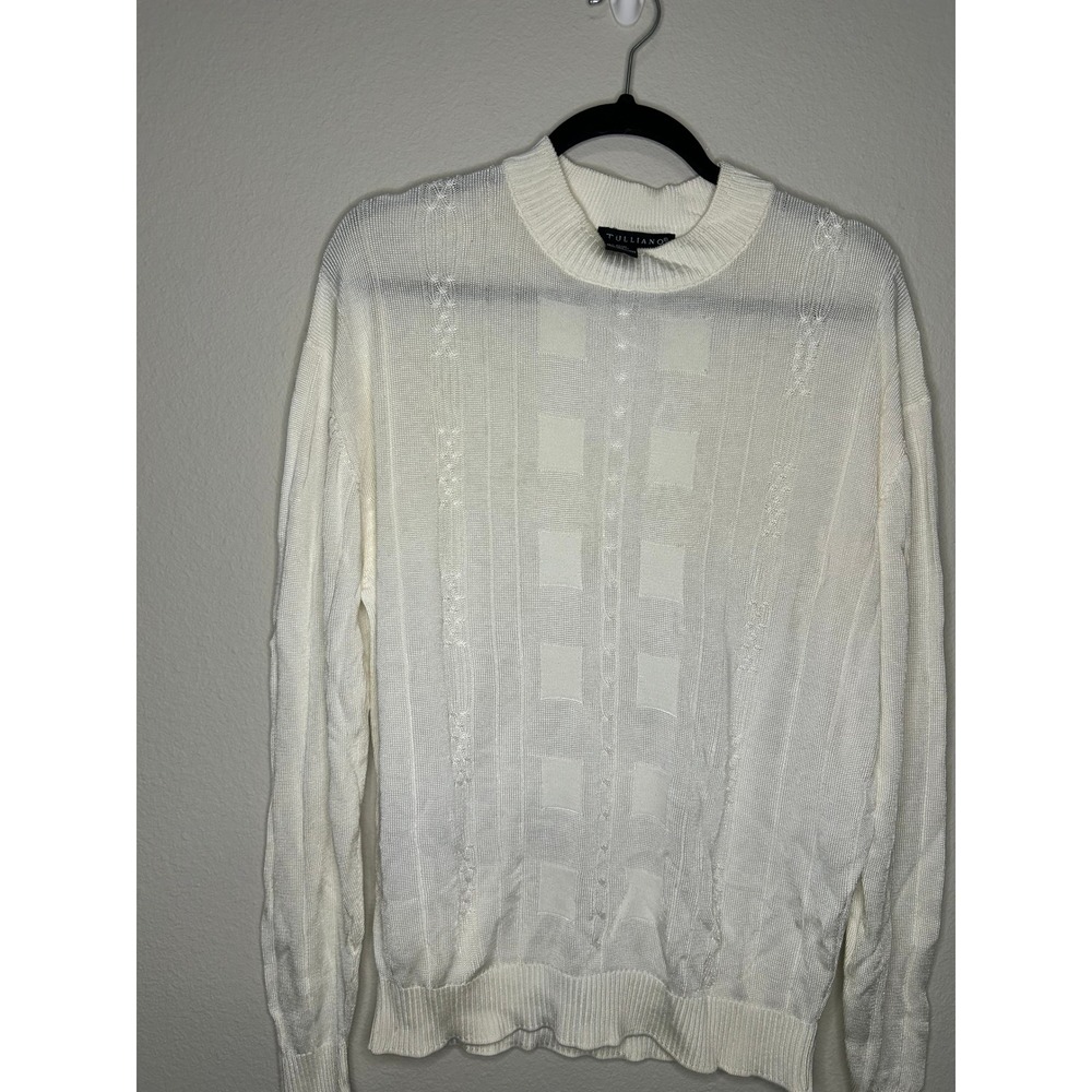 Vintage Tulliano Size L Ivory Cable Knit Textured Rayon Cotton Sweater